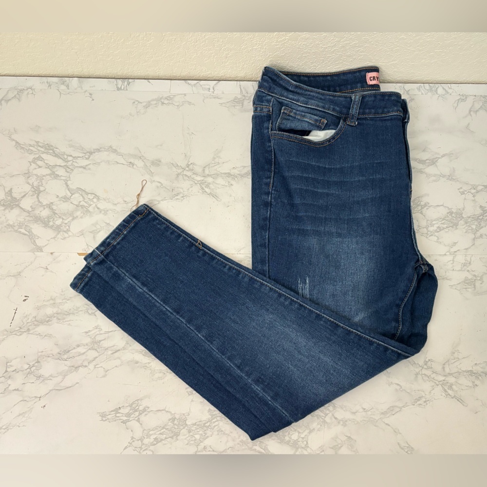 Crystal Rock Jeans Womens 14 High Rise Dark Blue Denim Distressed Skinny Leg​​